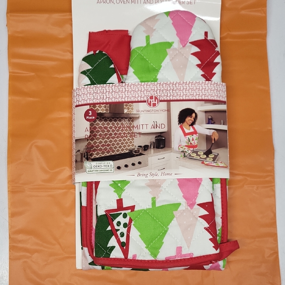 Huntington Home Quilted Oven Mitt and Pot Holder Set - Green Pink Red